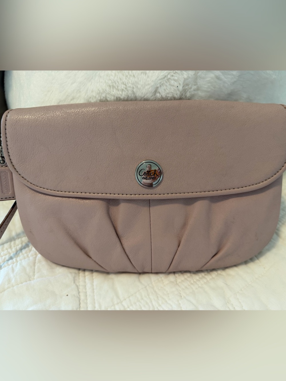 Coach Ashley Blush Pink Leather Pleated Fold-Over Clutch/Wristlet 9x6 - Picture 2 of 9